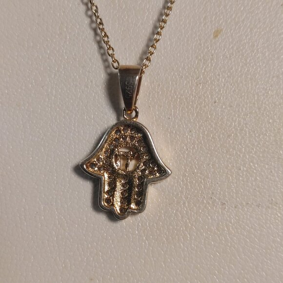 Hamsa Hand Pendant Necklace Gold Plated 925 Silver Rhinestone Accents 18 Chain - Picture 4 of 8